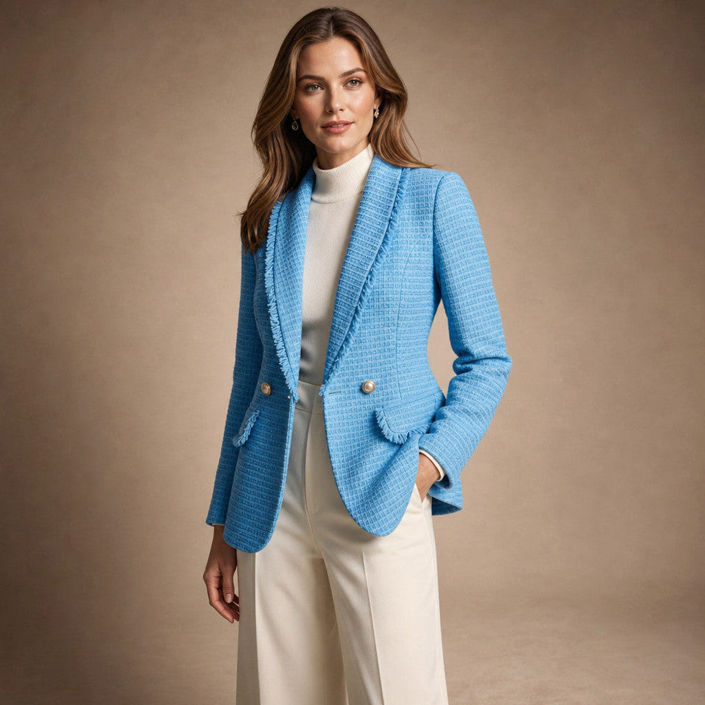 Mellisent | Boucle Blazer Double-Breasted Iris Blue – Side Angle View