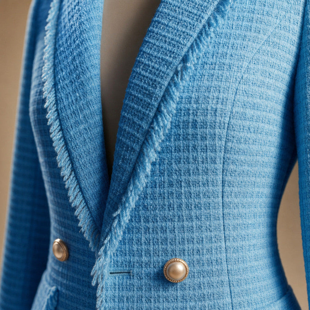 Mellisent | Boucle Blazer Double-Breasted Iris Blue – Fabric and Detail Close-Up