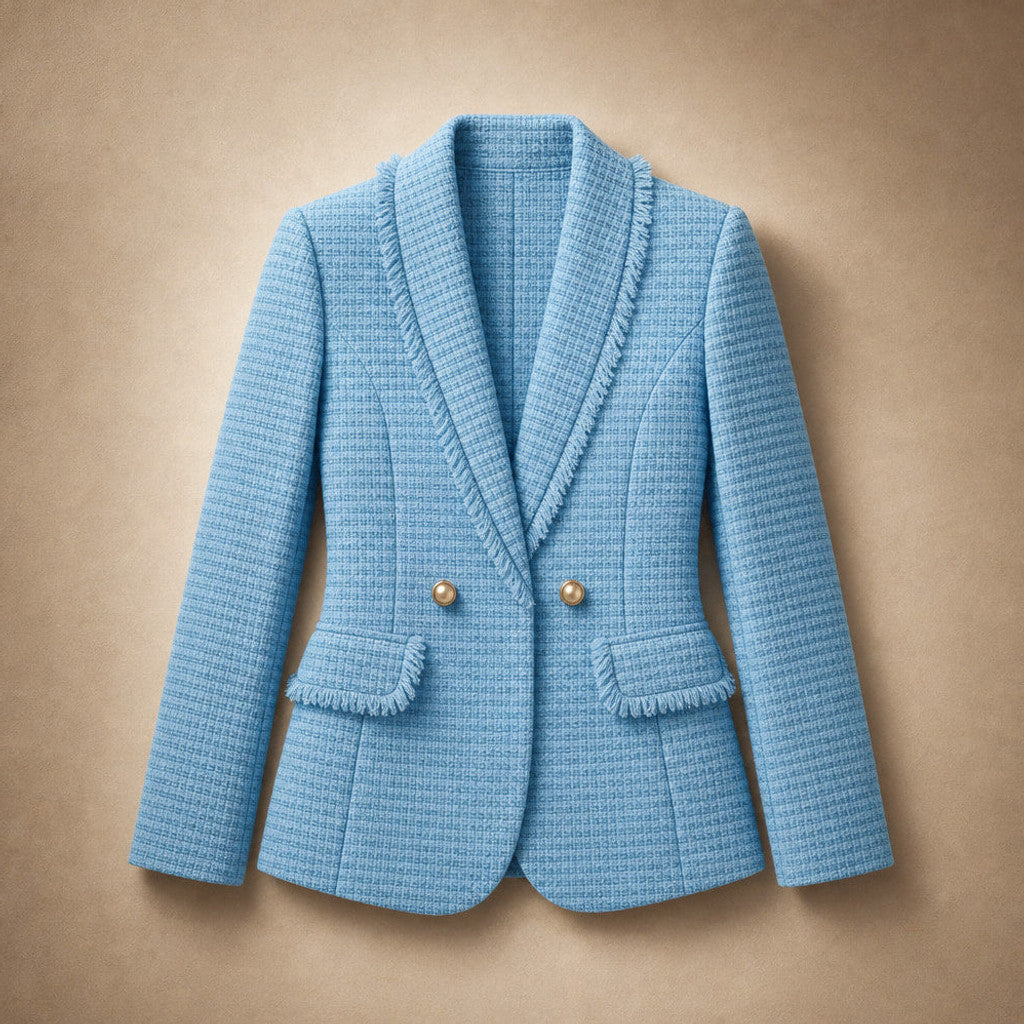 Mellisent | Boucle Blazer Double-Breasted Iris Blue – Flat Lay Product Photo
