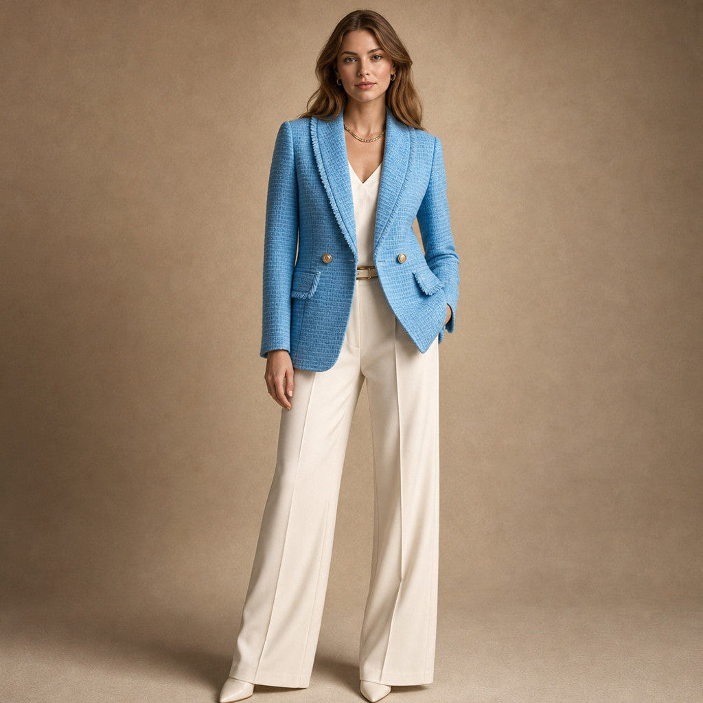 Mellisent | Boucle Blazer Double-Breasted Iris Blue – Full Look