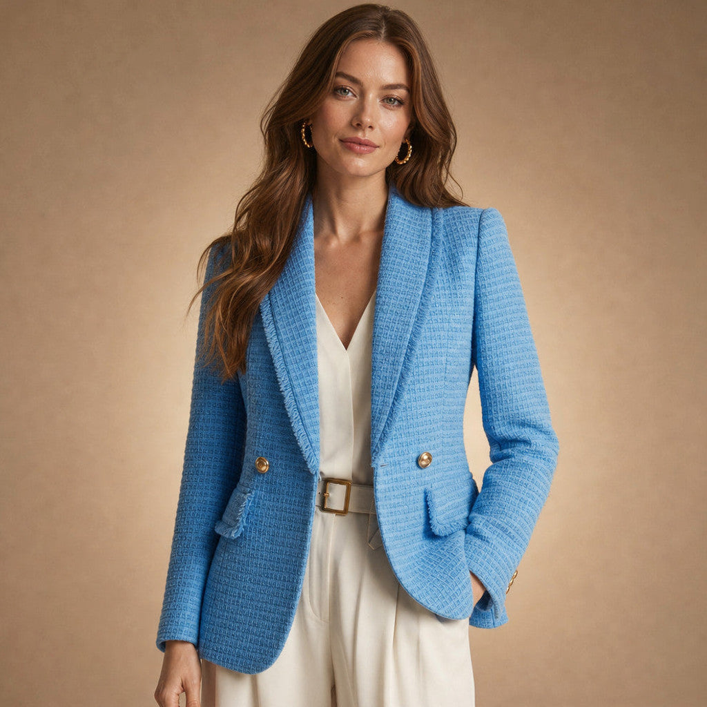 Mellisent | Boucle Blazer Double-Breasted Iris Blue – Product Photo