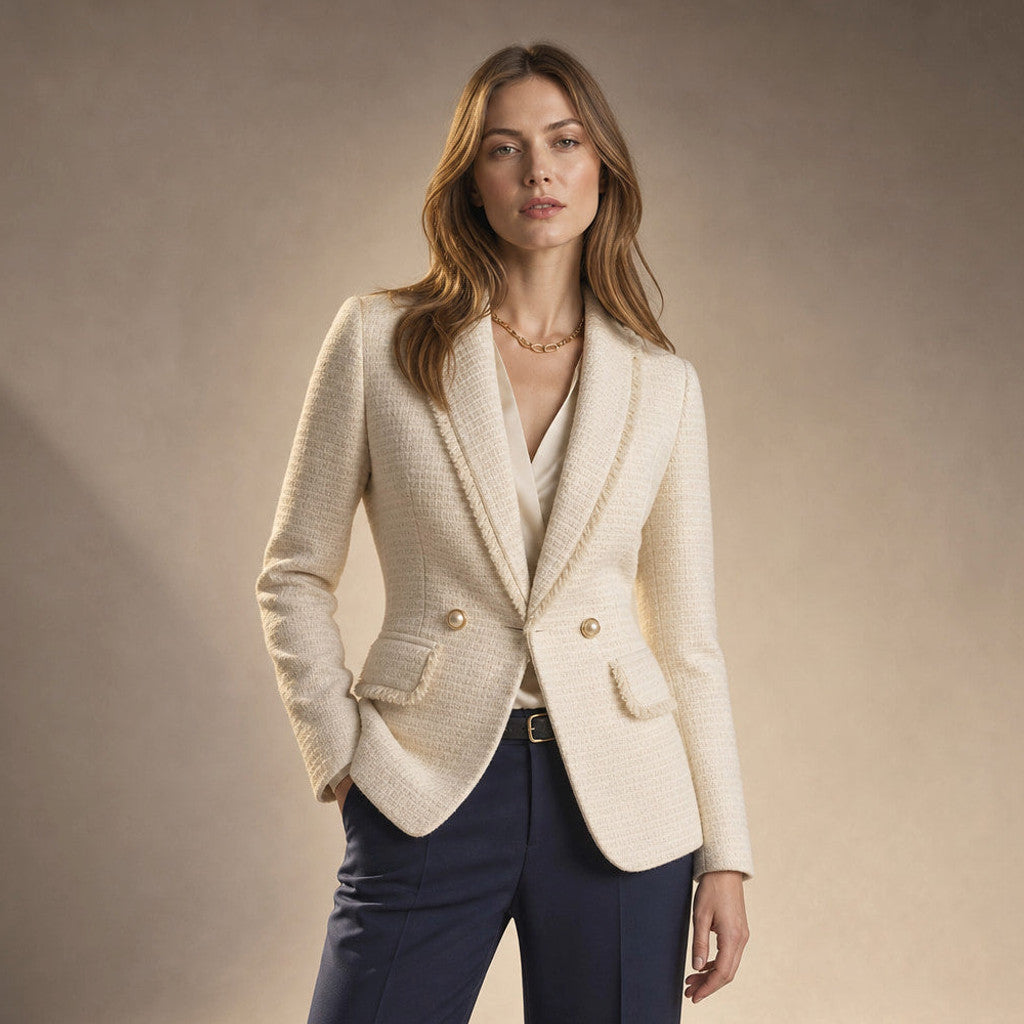 Mellisent | Boucle Blazer Double-Breasted Pearl White – Product Photo
