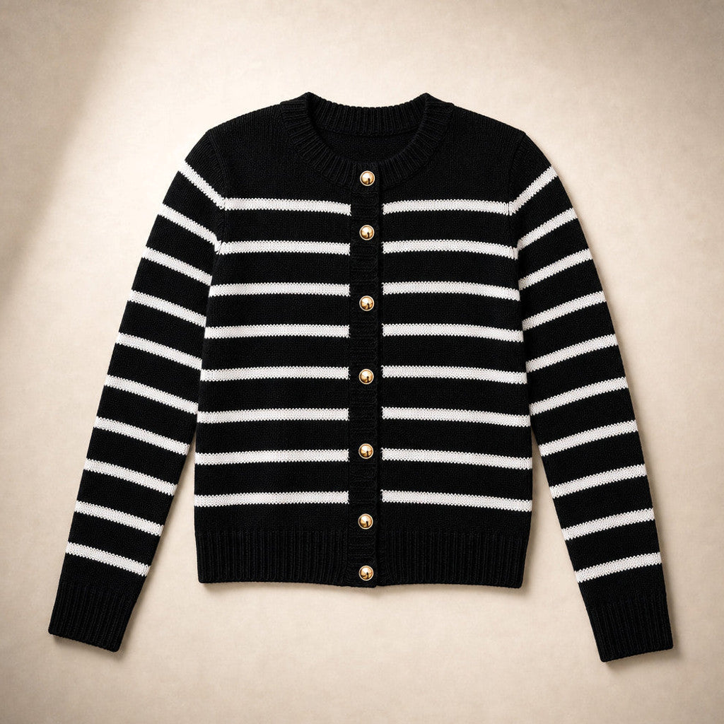Mellony | Striped Knit Cardigan Button Front Black – Product Photo