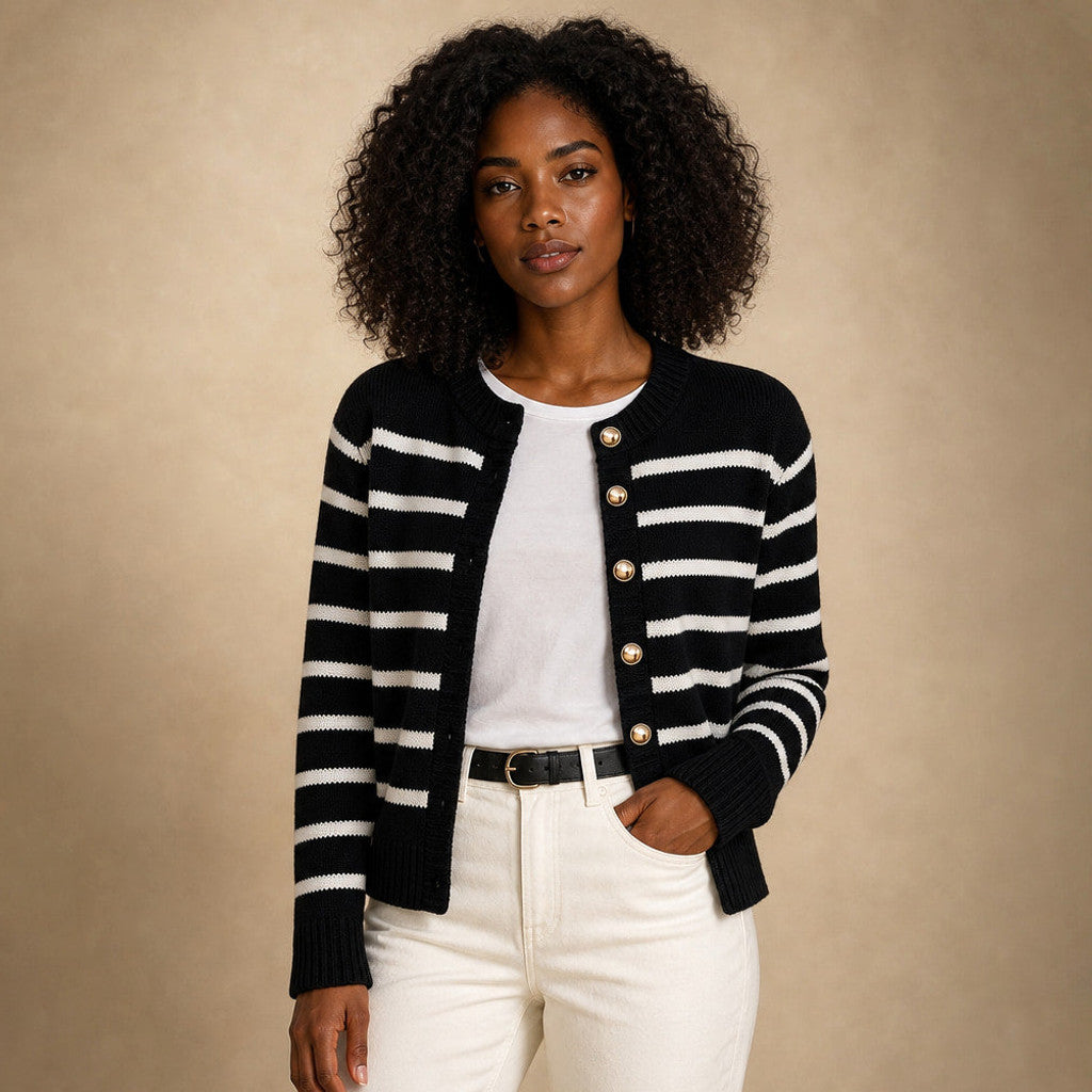 Mellony | Striped Knit Cardigan Button Front in Black – Premium Editorial