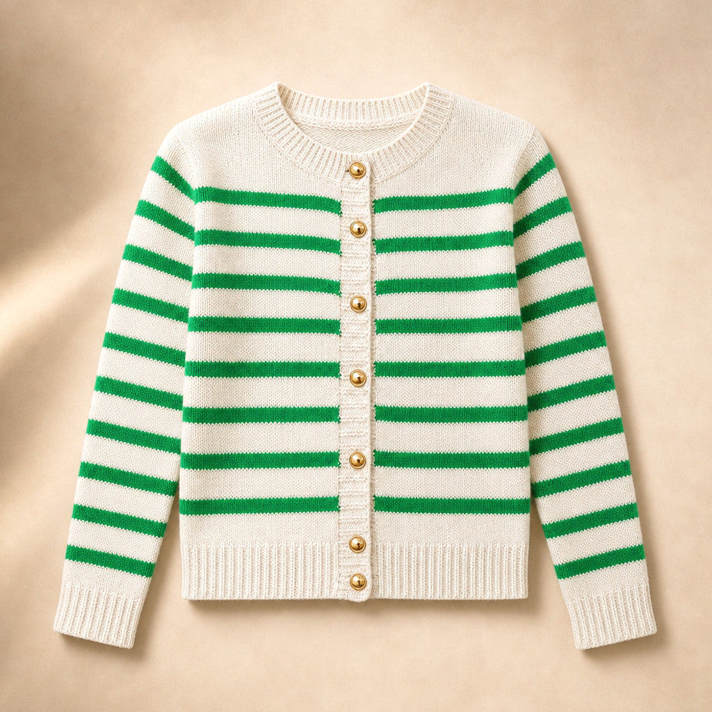 Mellony | Striped Knit Cardigan Button Front Green – Product Photo