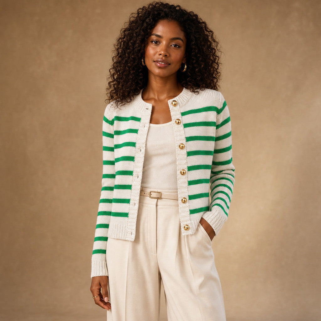 Mellony | Striped Knit Cardigan Button Front in Green – Premium Editorial