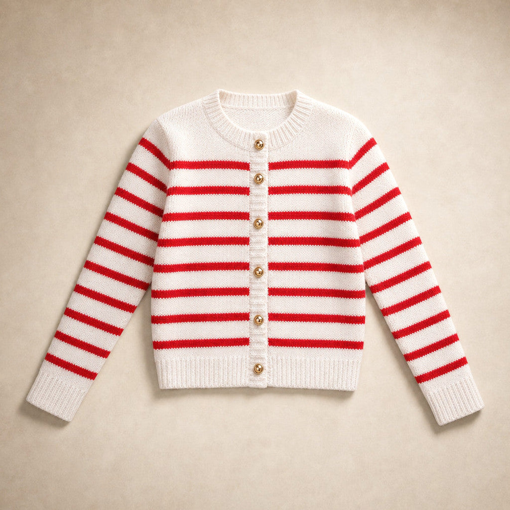 Mellony | Striped Knit Cardigan Button Front Red – Product Photo