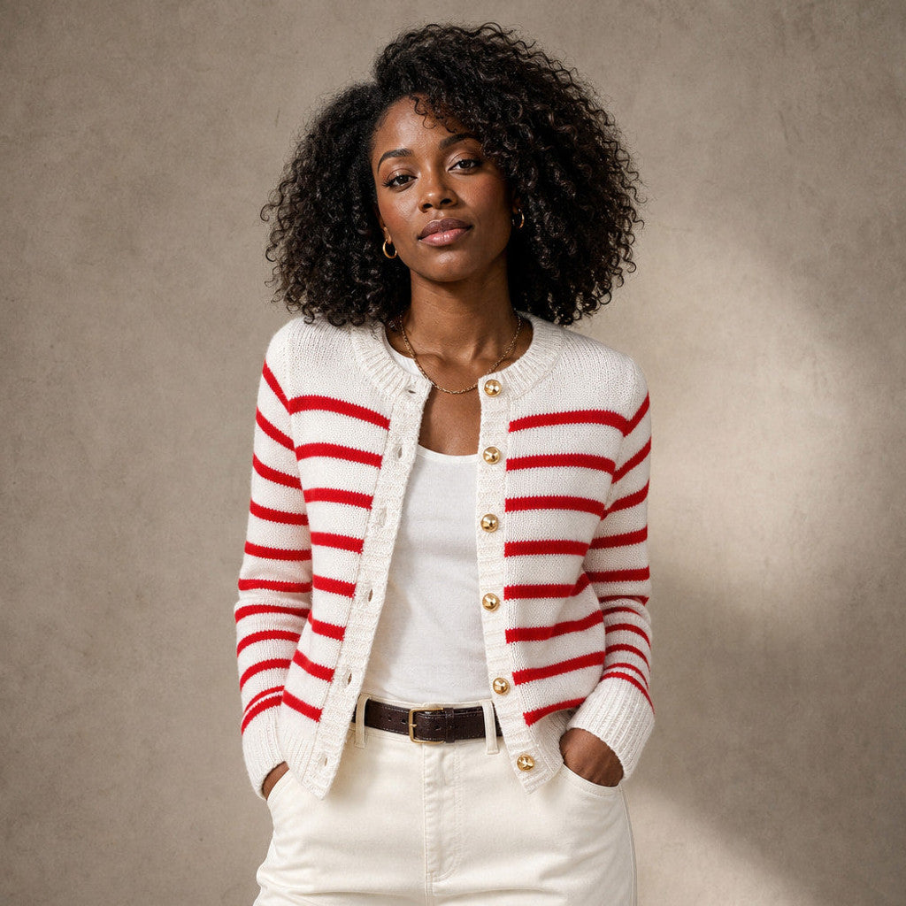 Mellony | Striped Knit Cardigan Button Front in Red – Premium Editorial
