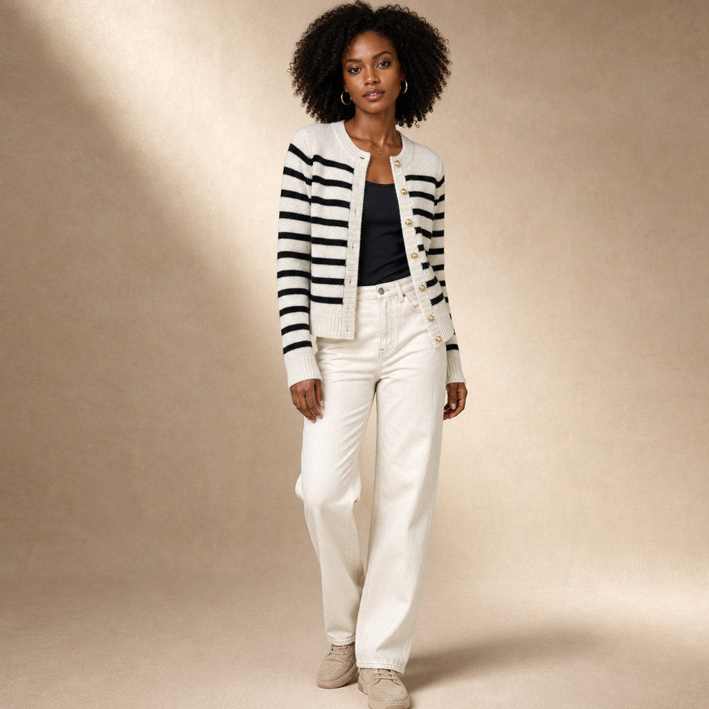 Mellony | Striped Knit Cardigan Button Front White – Side Angle View