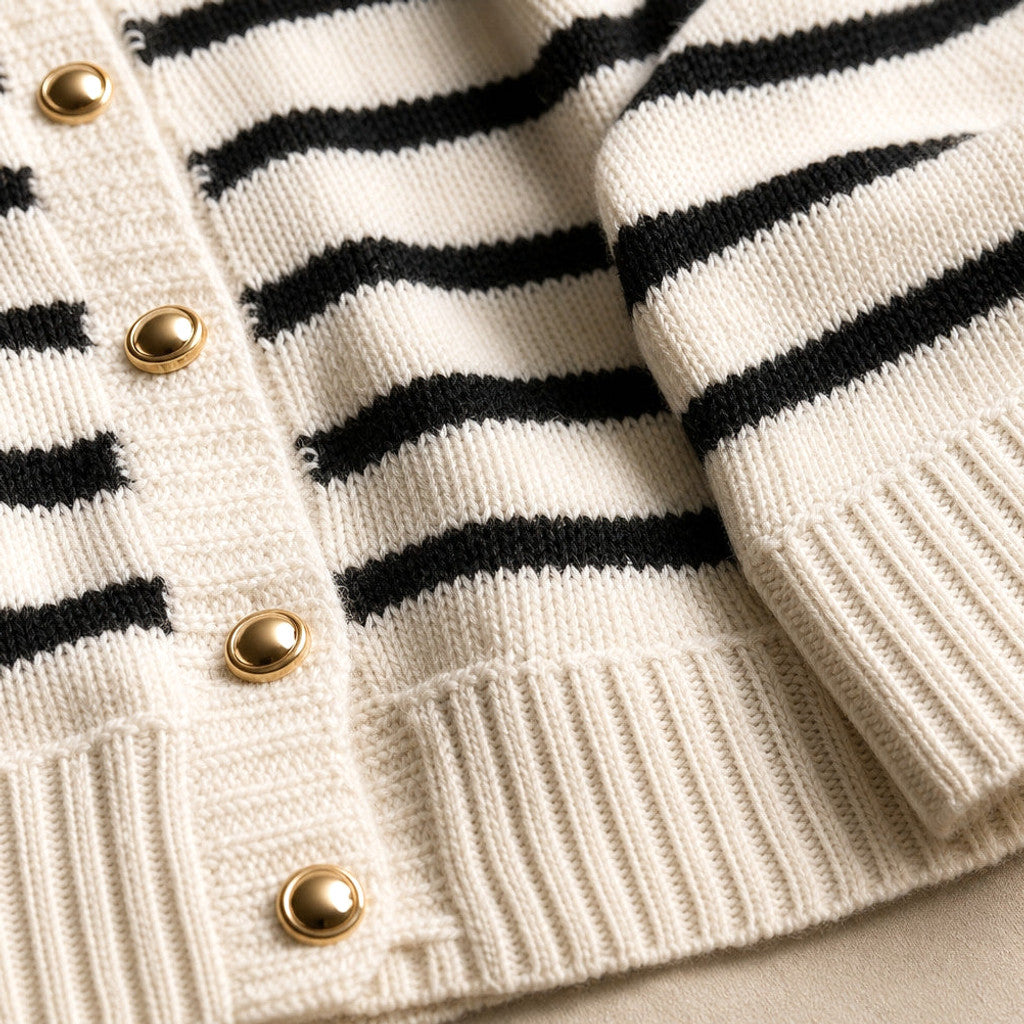 Mellony | Striped Knit Cardigan Button Front White – Fabric and Detail Close-Up