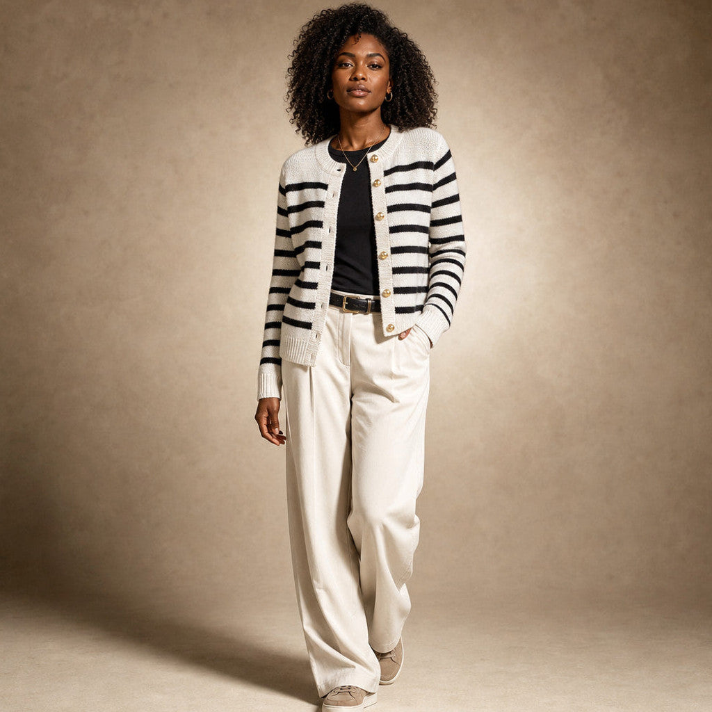 Mellony | Striped Knit Cardigan Button Front White – Full Look