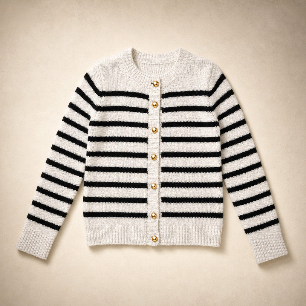 Mellony | Striped Knit Cardigan Button Front White – Product Photo