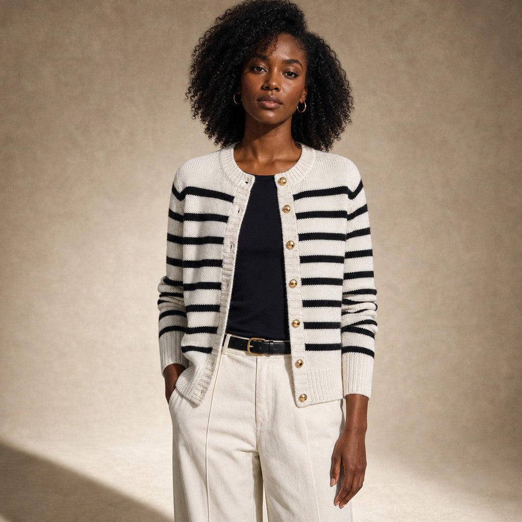 Mellony | Striped Knit Cardigan Button Front in White – Premium Editorial
