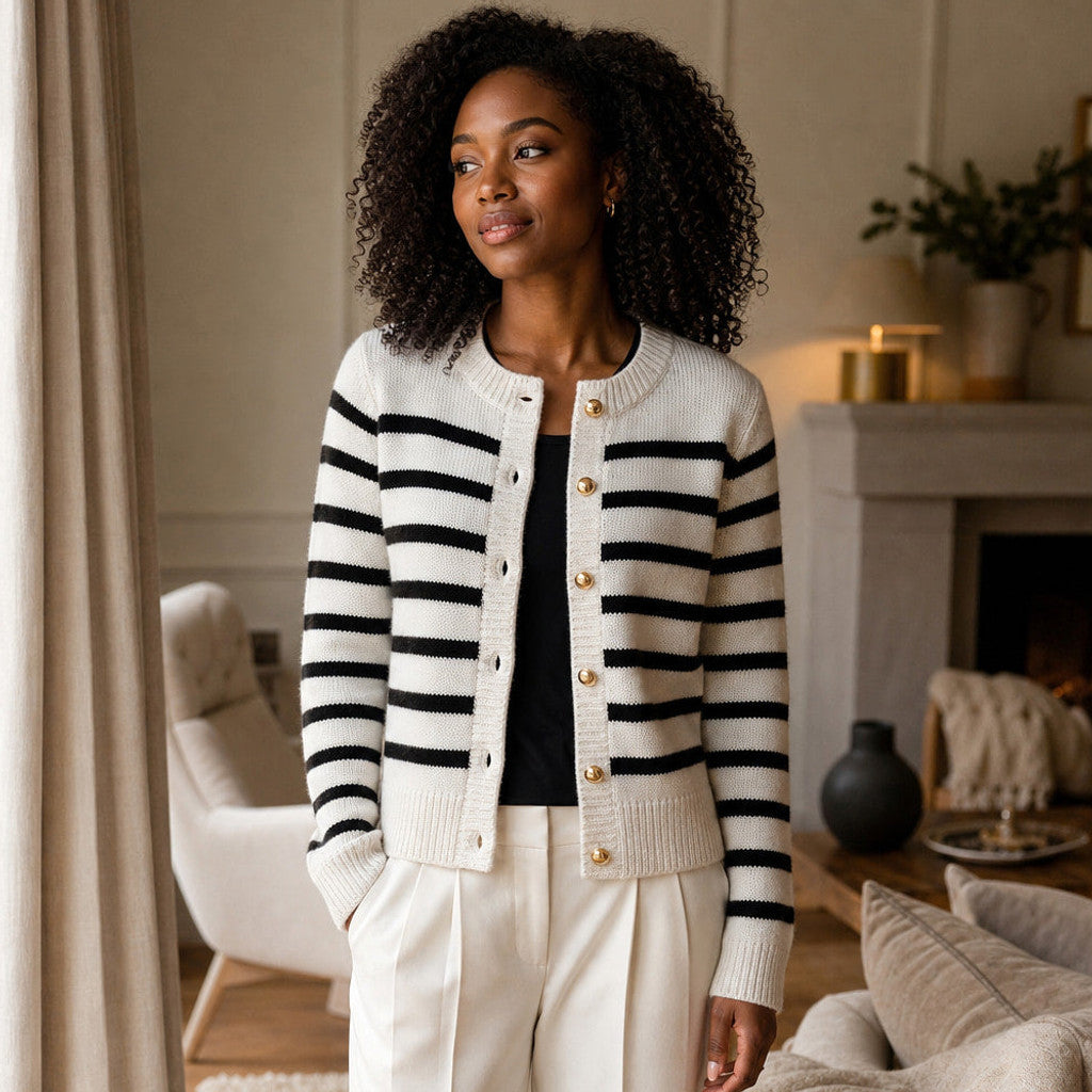 Mellony | Striped Knit Cardigan Button Front White – Styled Editorial Shot