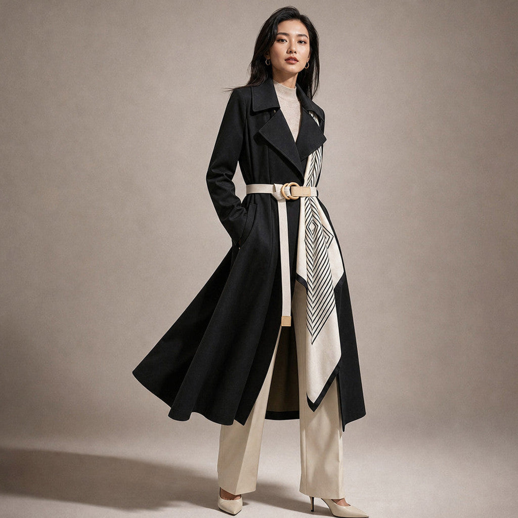Mercia | Wrap Coat Belted Scarf Detail Midnight Black – Side Angle View