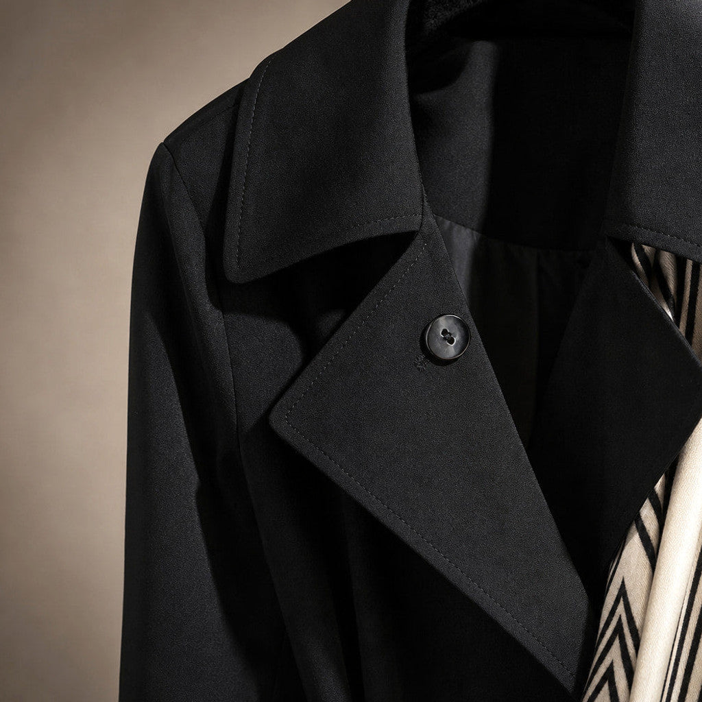 Mercia | Wrap Coat Belted Scarf Detail Midnight Black – Fabric and Detail Close-Up