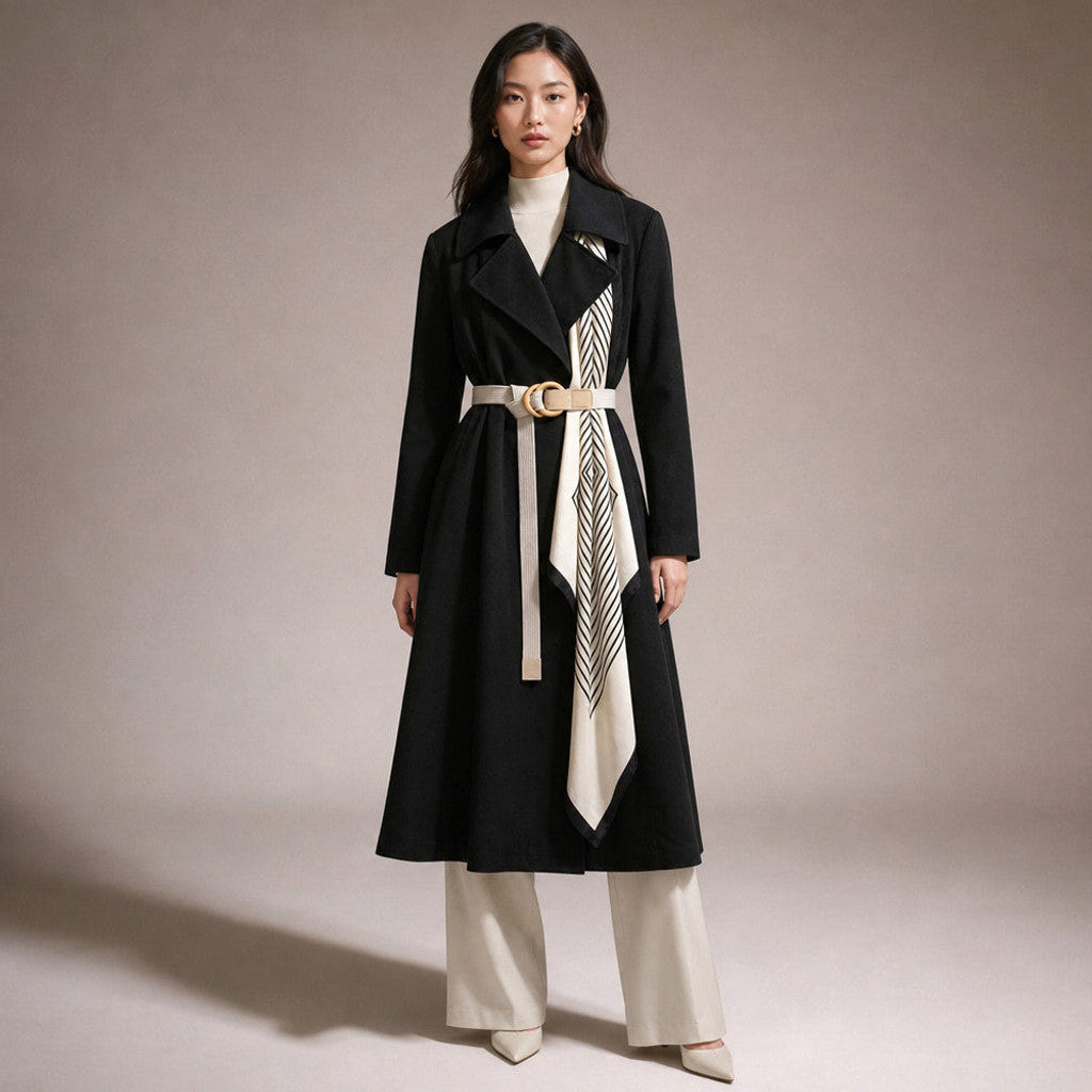 Mercia | Wrap Coat Belted Scarf Detail in Midnight Black – Premium Editorial