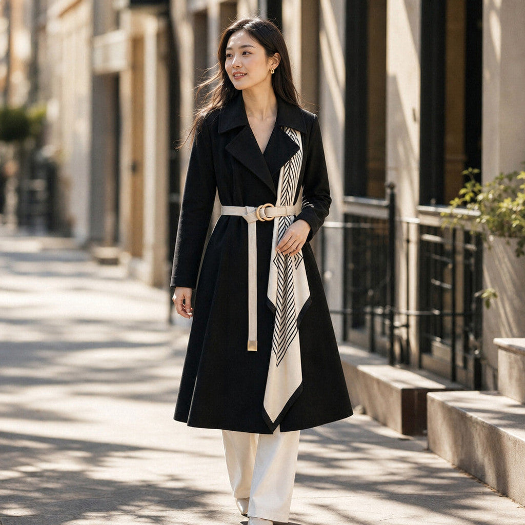 Mercia | Wrap Coat Belted Scarf Detail Midnight Black – Styled Editorial Shot
