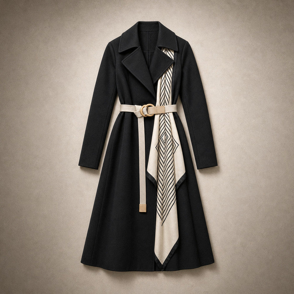 Mercia | Wrap Coat Belted Scarf Detail – Flat Lay Product Photo