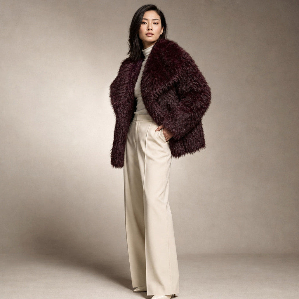 Milburga | Cropped Teddy Coat Burgundy Burgundy – Side Angle View