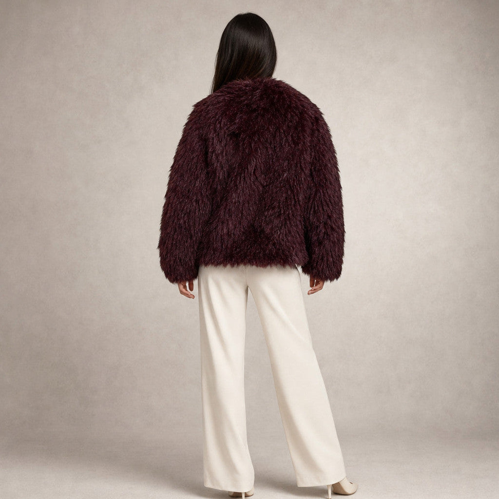 Milburga | Cropped Teddy Coat Burgundy Burgundy – Full Look
