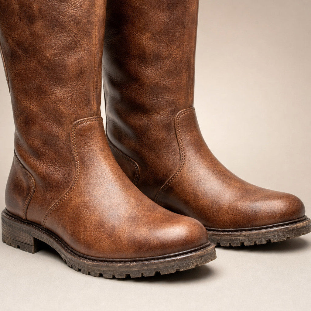 Morwenna | Knee High Boots Buckle Detail Brown – Fabric and Detail Close-Up