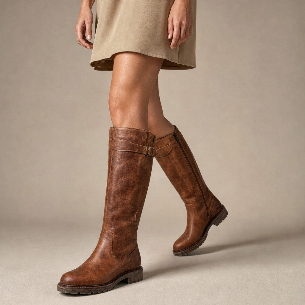 Morwenna | Knee High Boots Buckle Detail Brown – Product Photo