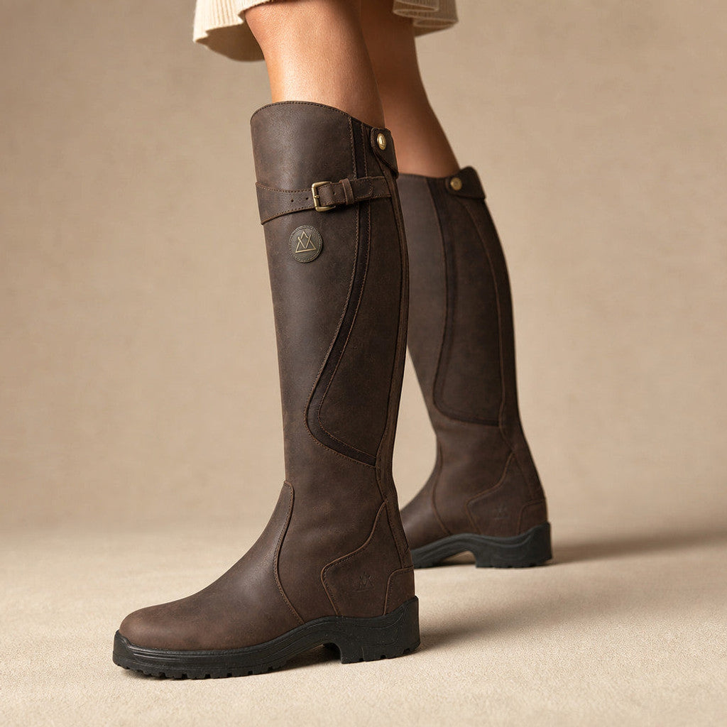 Morwenna | Knee High Boots Buckle Detail in Dark Brown – Premium Editorial