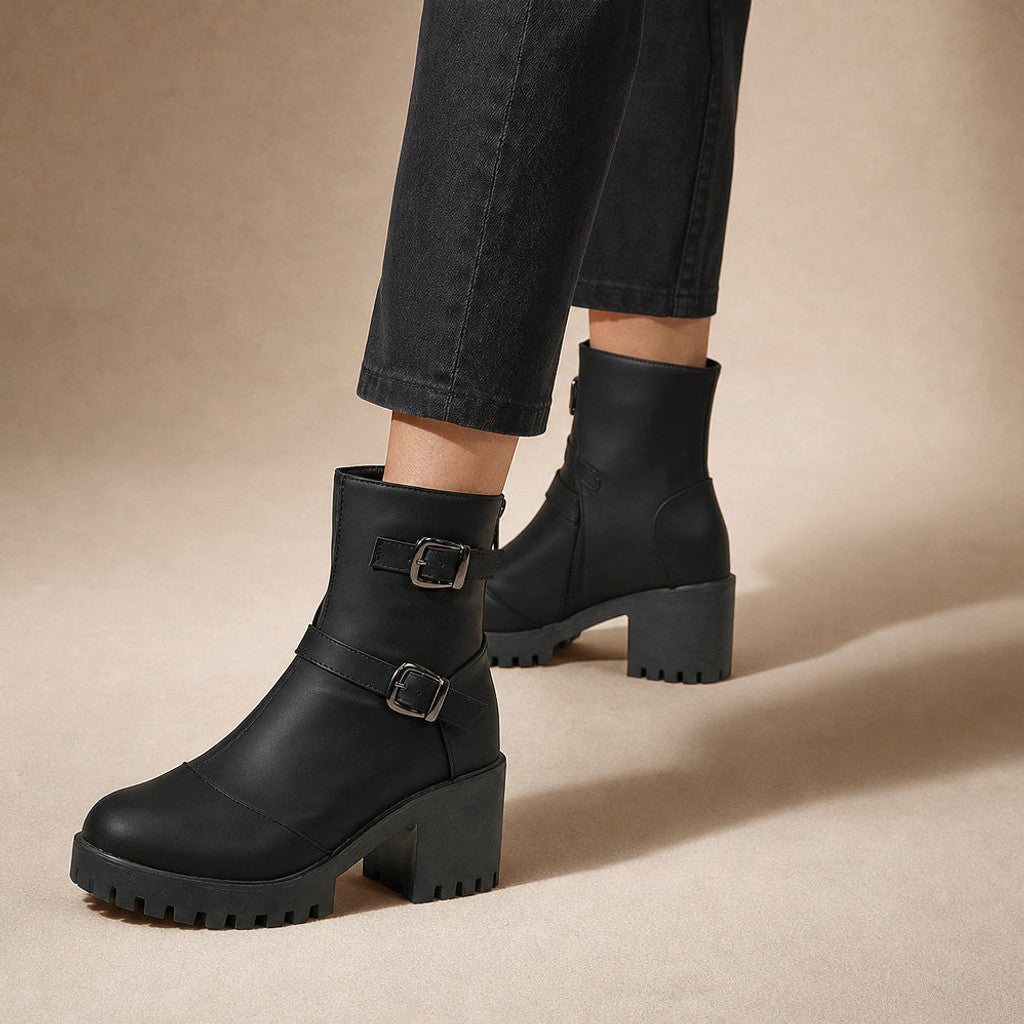 Nerissa | Buckle Strap Chelsea Boots Lug Sole Black – Product Photo