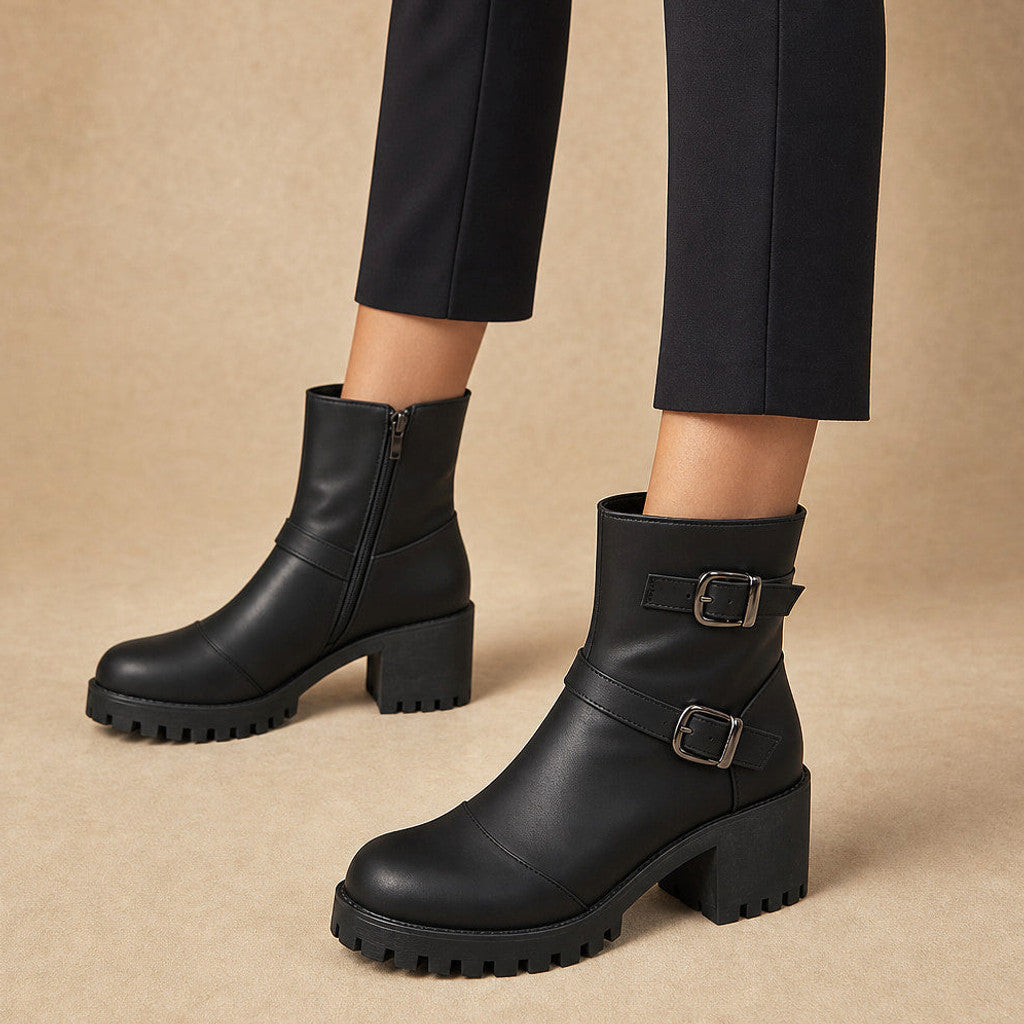 Nerissa | Buckle Strap Chelsea Boots Lug Sole in Black – Premium Editorial