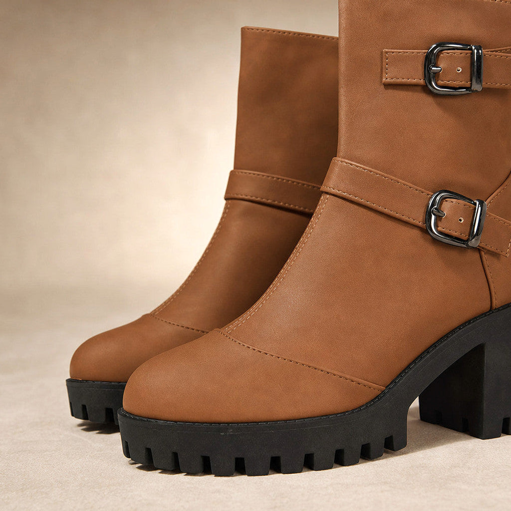 Nerissa | Buckle Strap Chelsea Boots Lug Sole Brown – Fabric and Detail Close-Up