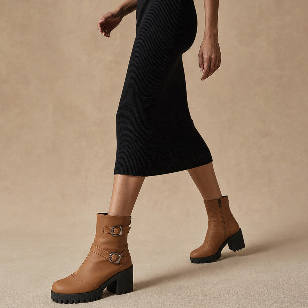 Nerissa | Buckle Strap Chelsea Boots Lug Sole Brown – Product Photo