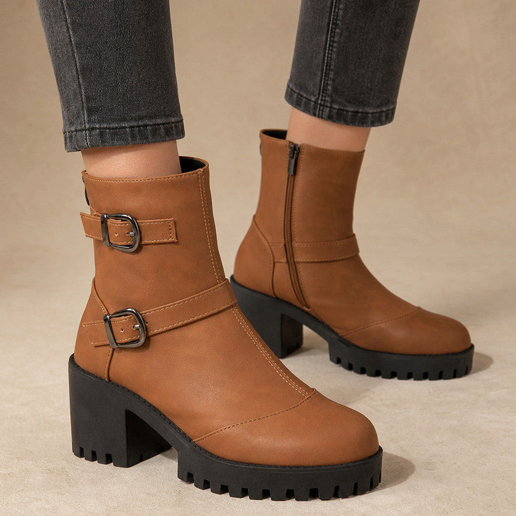 Nerissa | Buckle Strap Chelsea Boots Lug Sole in Brown – Premium Editorial