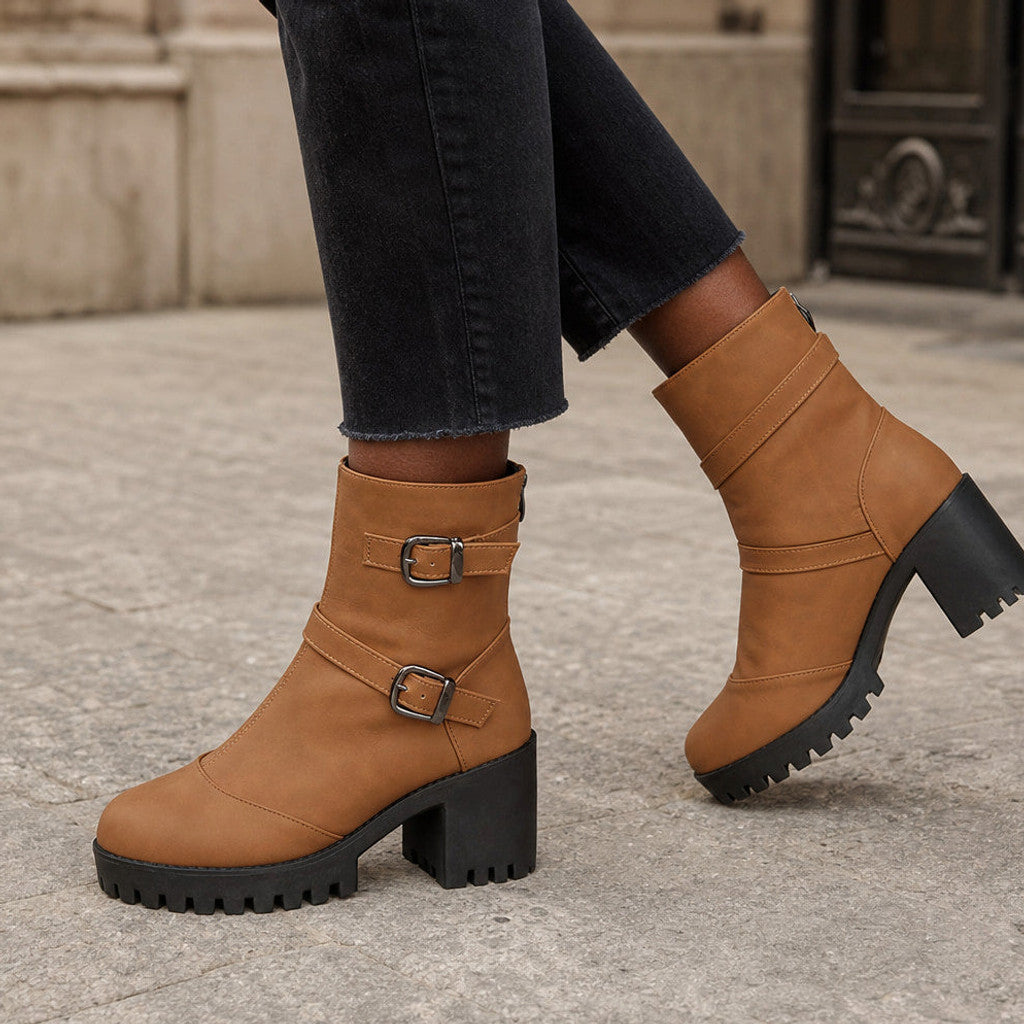 Nerissa | Buckle Strap Chelsea Boots Lug Sole Brown – Styled Editorial Shot