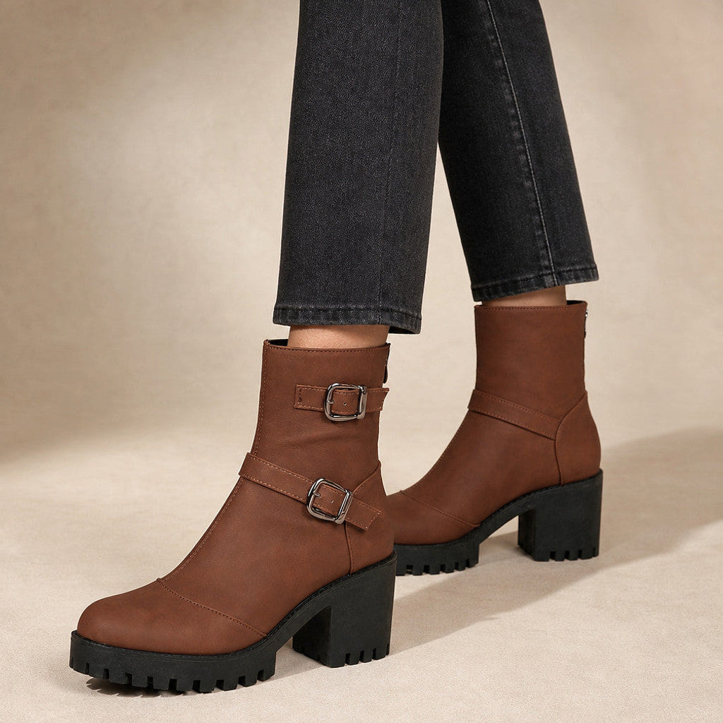 Nerissa | Buckle Strap Chelsea Boots Lug Sole Dark Brown – Product Photo