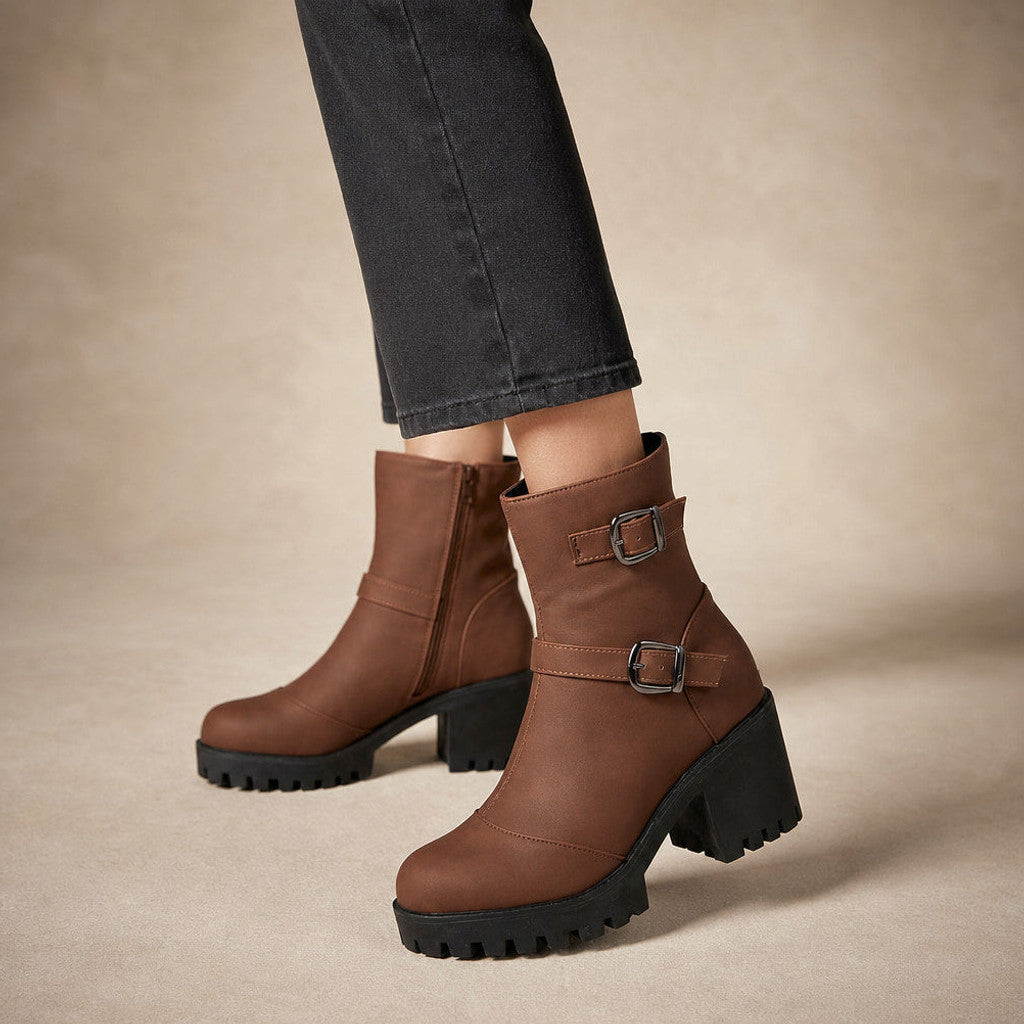 Nerissa | Buckle Strap Chelsea Boots Lug Sole in Dark Brown – Premium Editorial
