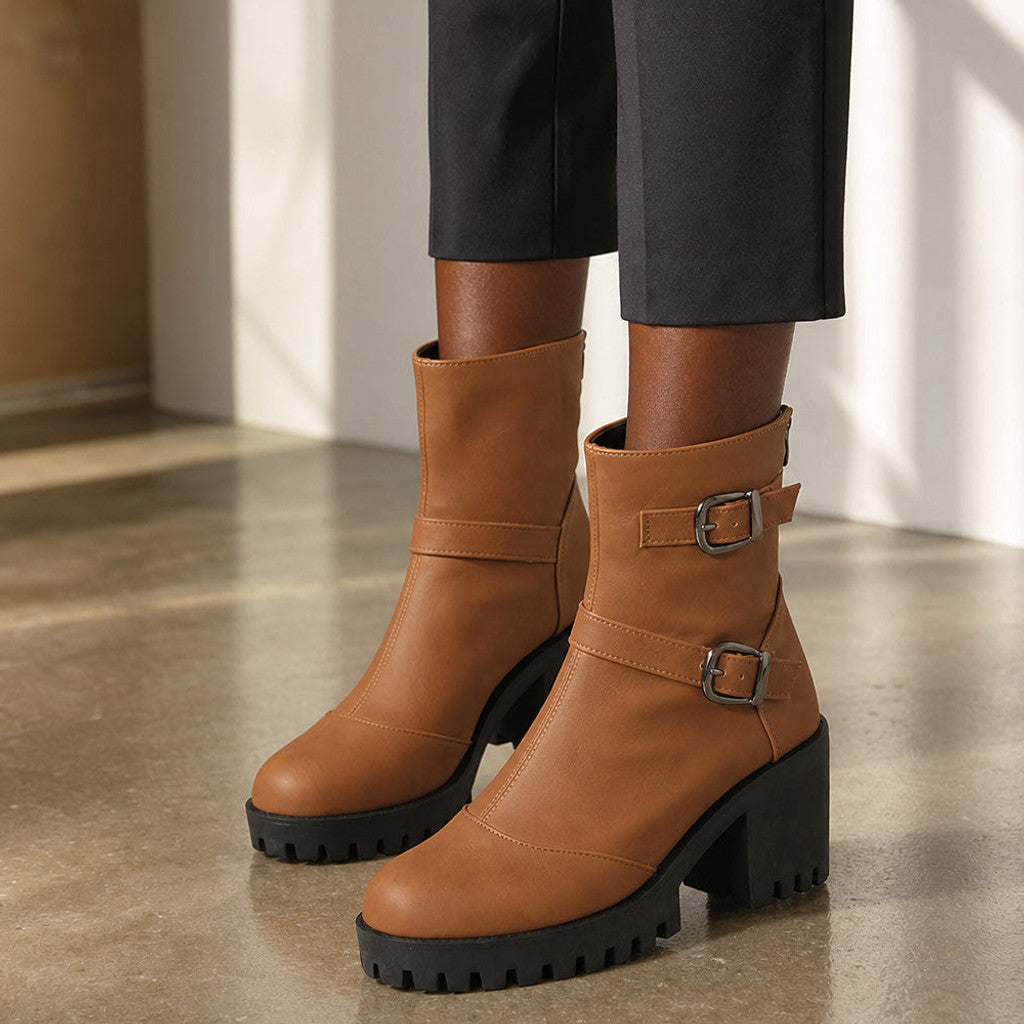 Nerissa | Buckle Strap Chelsea Boots Lug Sole – Styled Editorial Shot