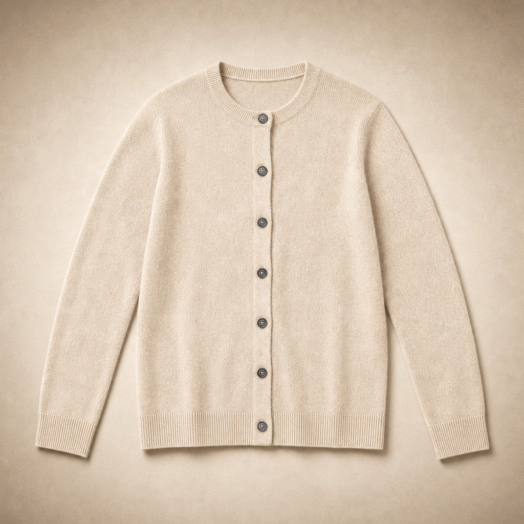 Niamh | Crew Neck Cardigan Button Front Beige – Product Photo