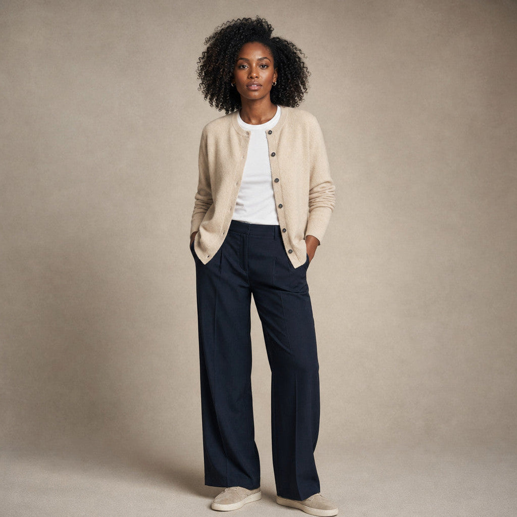 Niamh | Crew Neck Cardigan Button Front in Beige – Premium Editorial