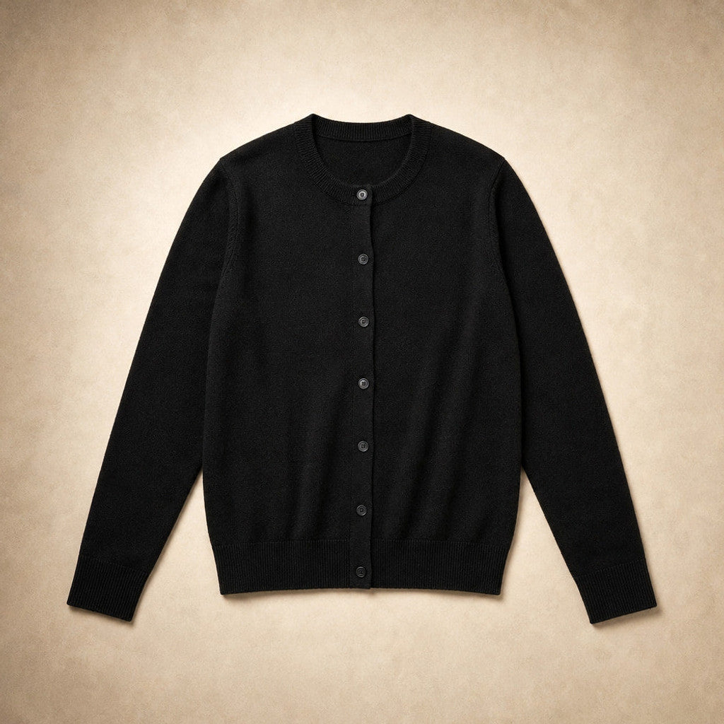 Niamh | Crew Neck Cardigan Button Front Black – Product Photo