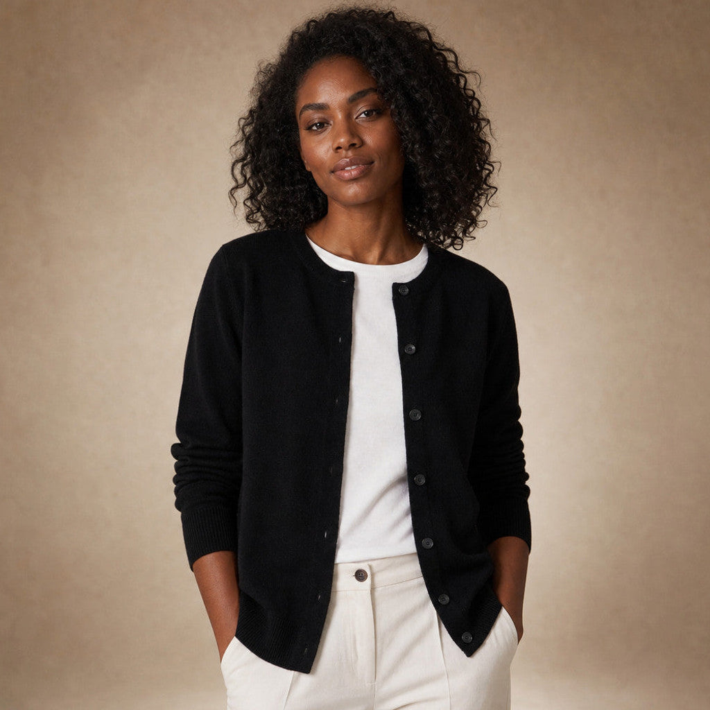 Niamh | Crew Neck Cardigan Button Front in Black – Premium Editorial