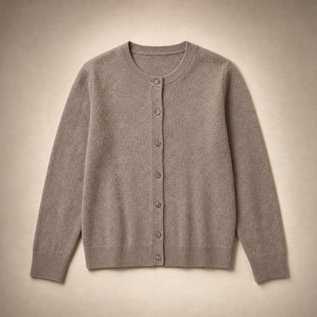 Niamh | Crew Neck Cardigan Button Front Brown – Product Photo