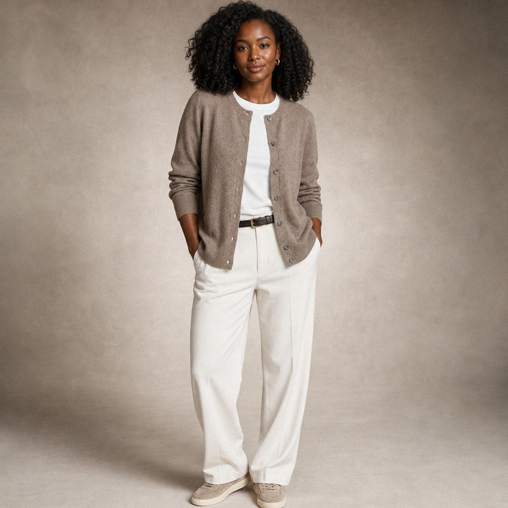 Niamh | Crew Neck Cardigan Button Front in Brown – Premium Editorial
