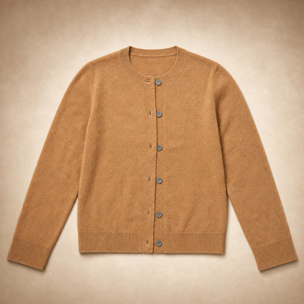Niamh | Crew Neck Cardigan Button Front Camel – Product Photo
