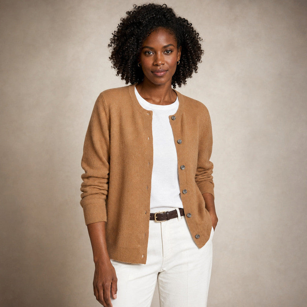 Niamh | Crew Neck Cardigan Button Front in Camel – Premium Editorial