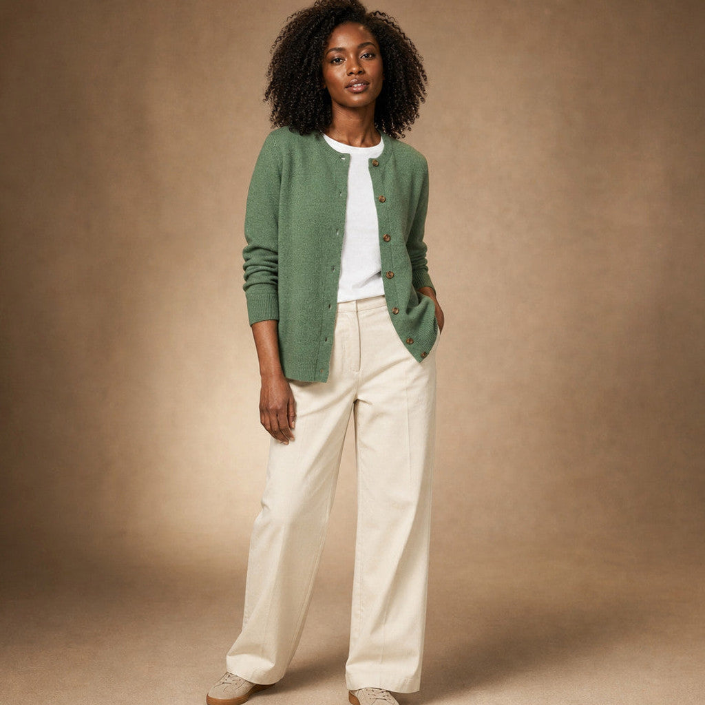 Niamh | Crew Neck Cardigan Button Front Green – Side Angle View