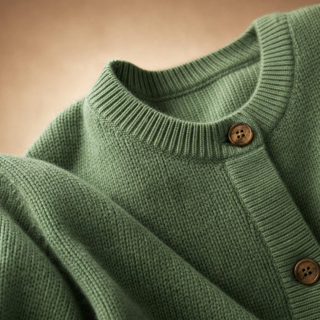 Niamh | Crew Neck Cardigan Button Front Green – Fabric and Detail Close-Up