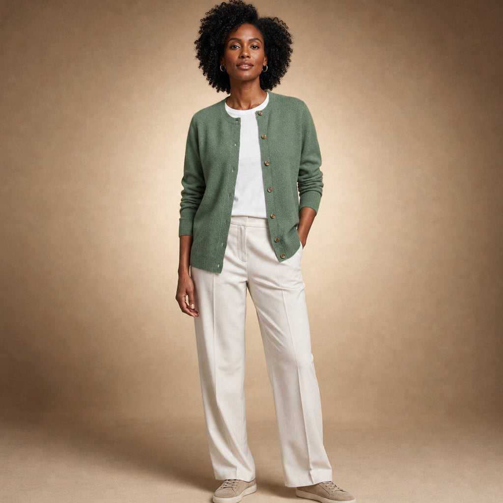 Niamh | Crew Neck Cardigan Button Front Green – Full Look