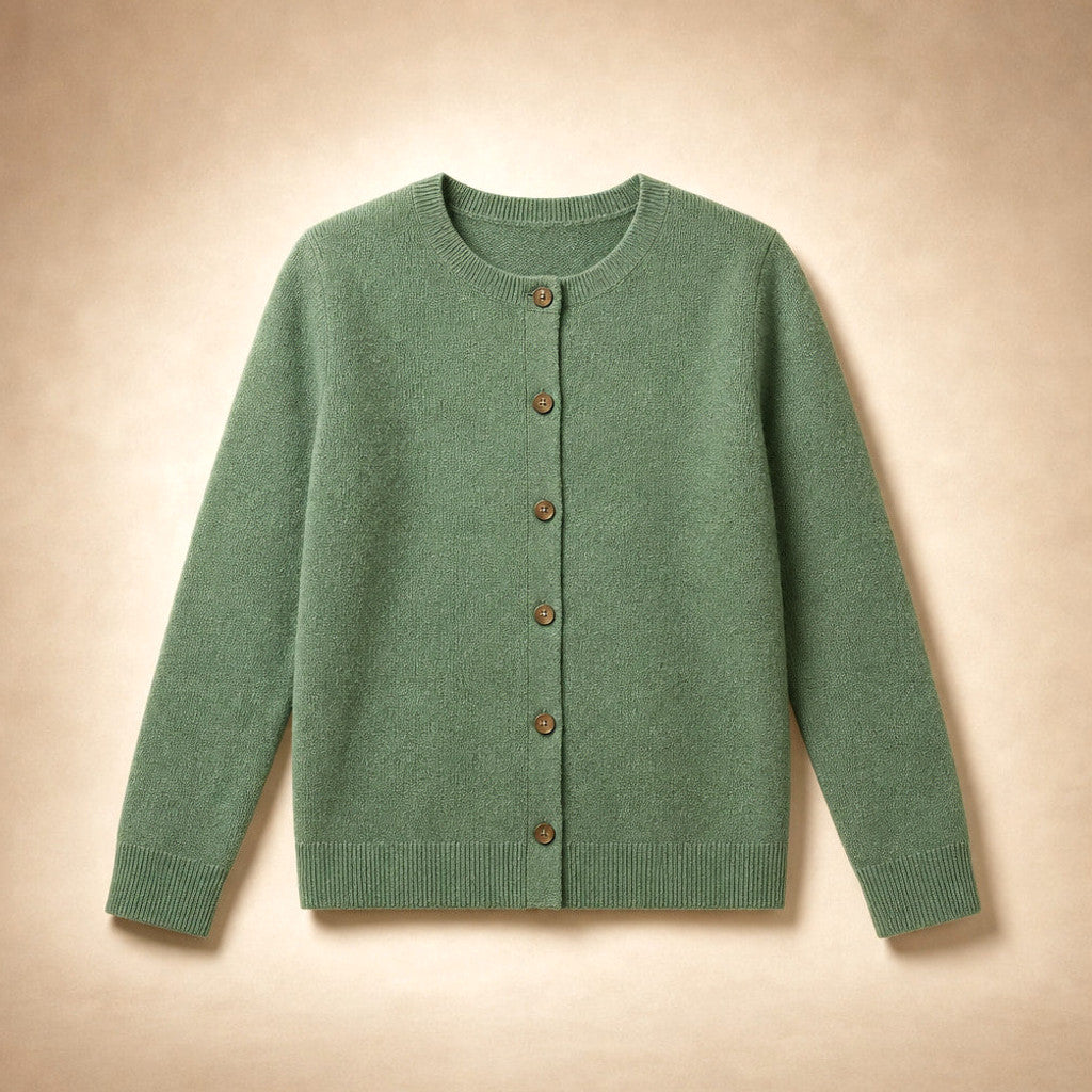 Niamh | Crew Neck Cardigan Button Front Green – Product Photo