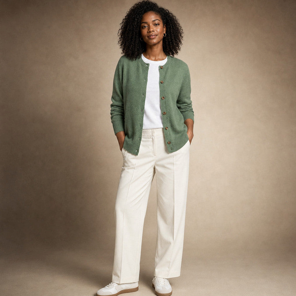 Niamh | Crew Neck Cardigan Button Front in Green – Premium Editorial